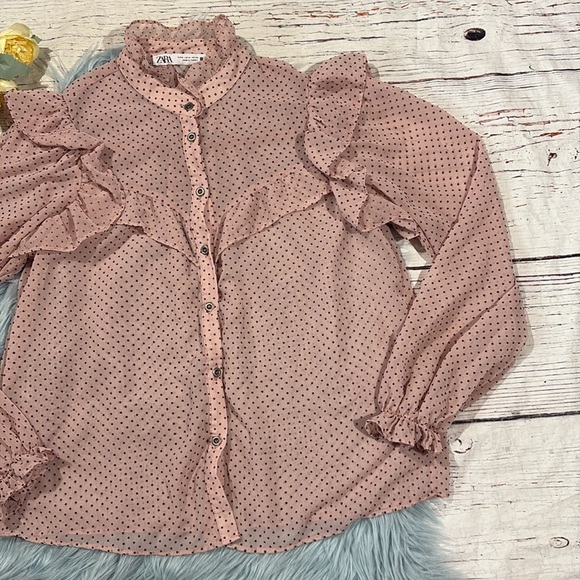 Zara Ruffled Red Polka Dot Pink Ruffle Sheer Blouse - Picture 6 of 10